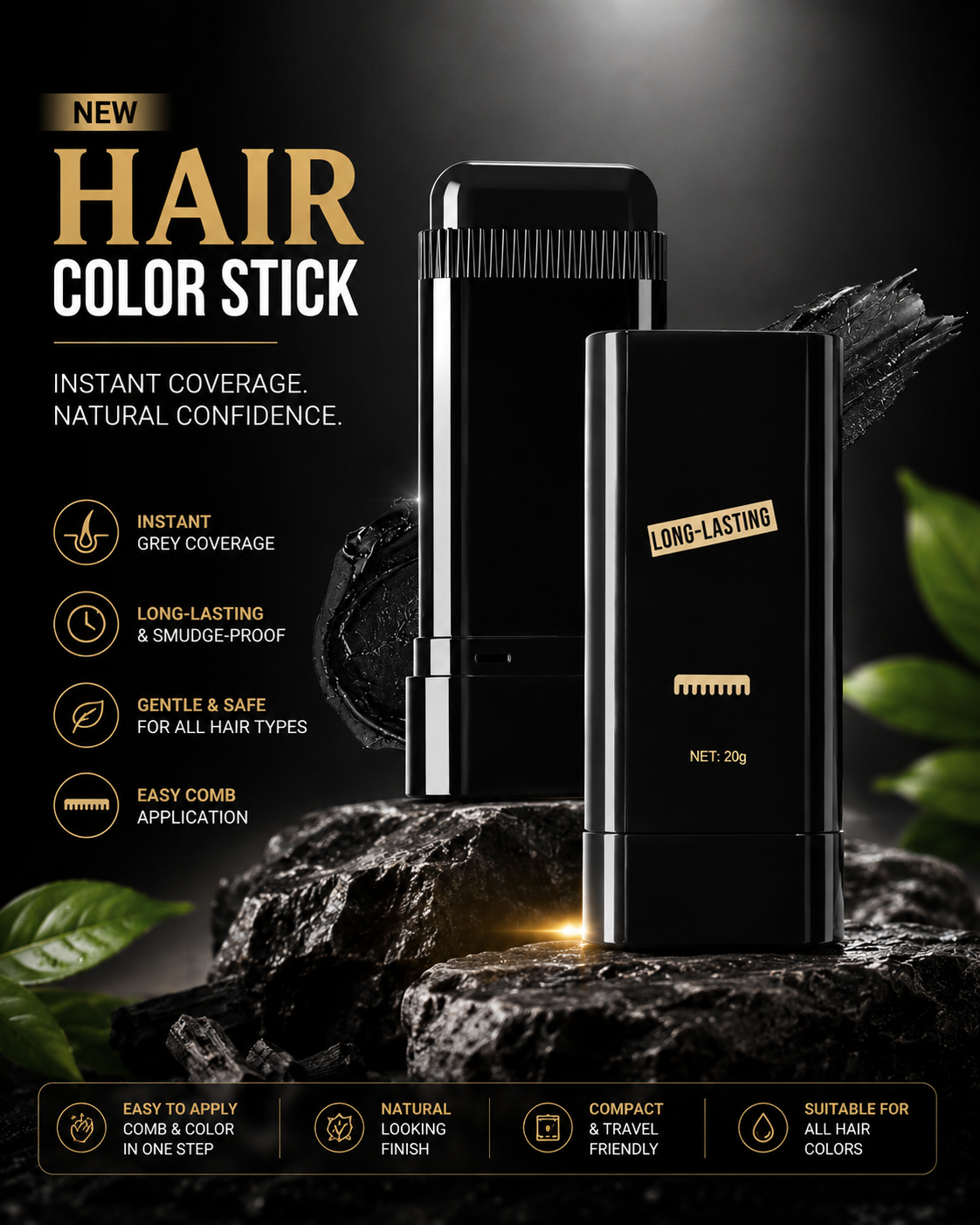 InstaBlack 2-in-1 Root Touch-Up Stick — Waterproof Instant Hair Color